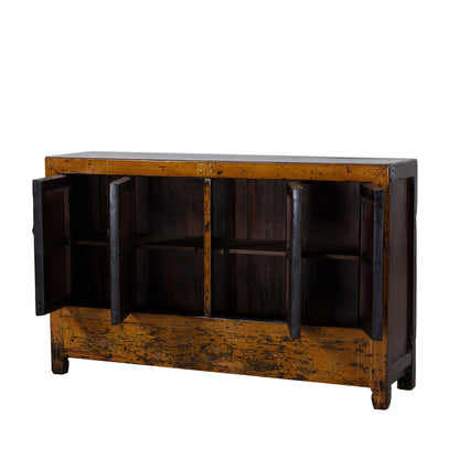 Vintage Chinese Hand Painted Orange Sideboard with Flowers