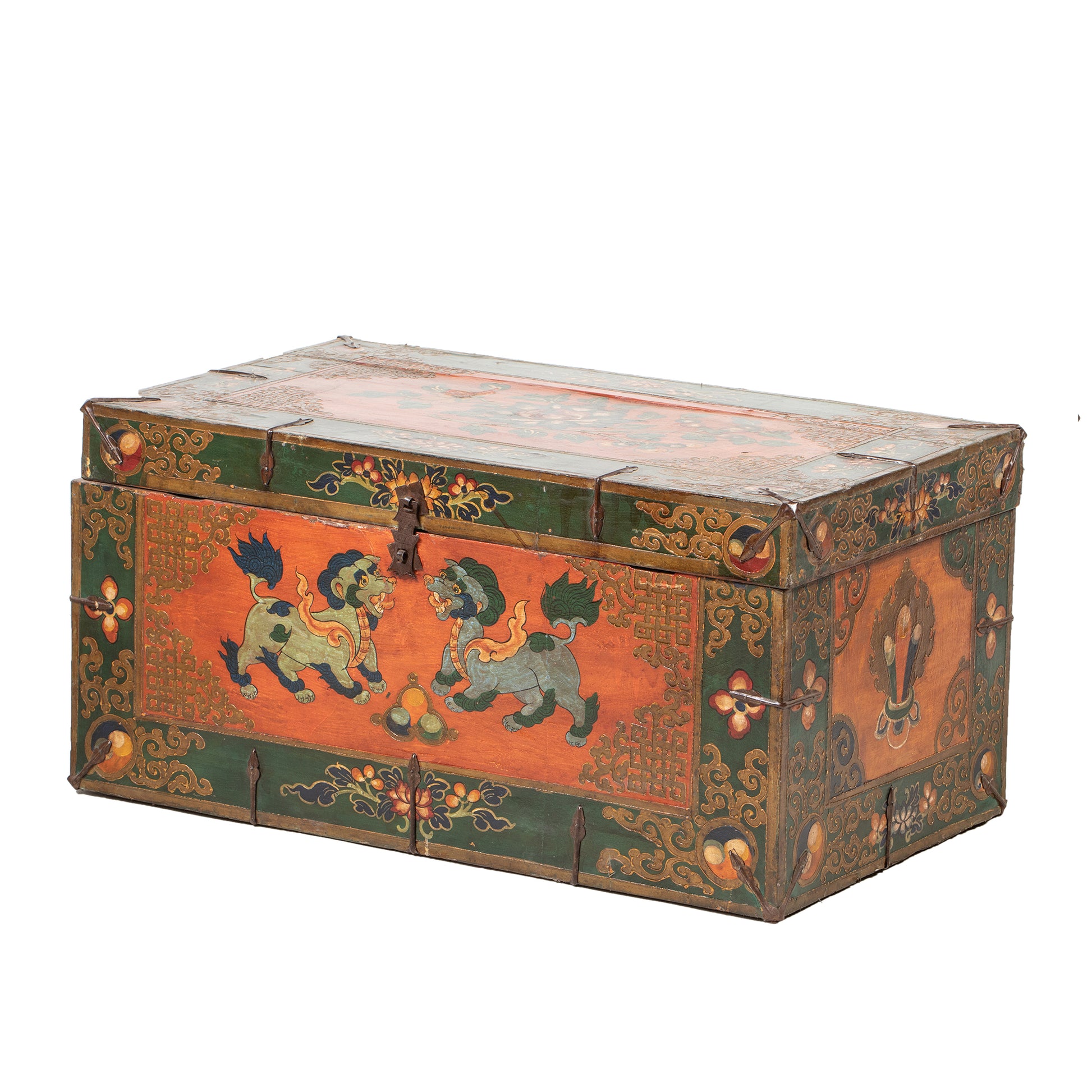 Decorative Tibetan chest with dogs side view
