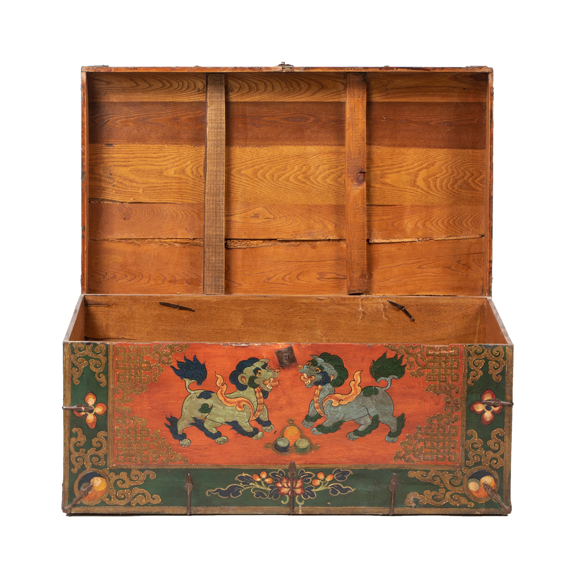 Decorative Tibetan chest with dogs open view
