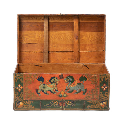 Decorative Tibetan chest with dogs open view