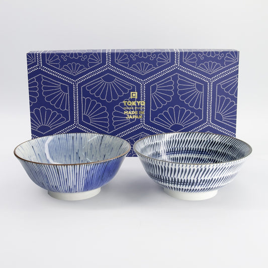 Ramen Bowls Gift Set - Blue & White Stripe Patterns