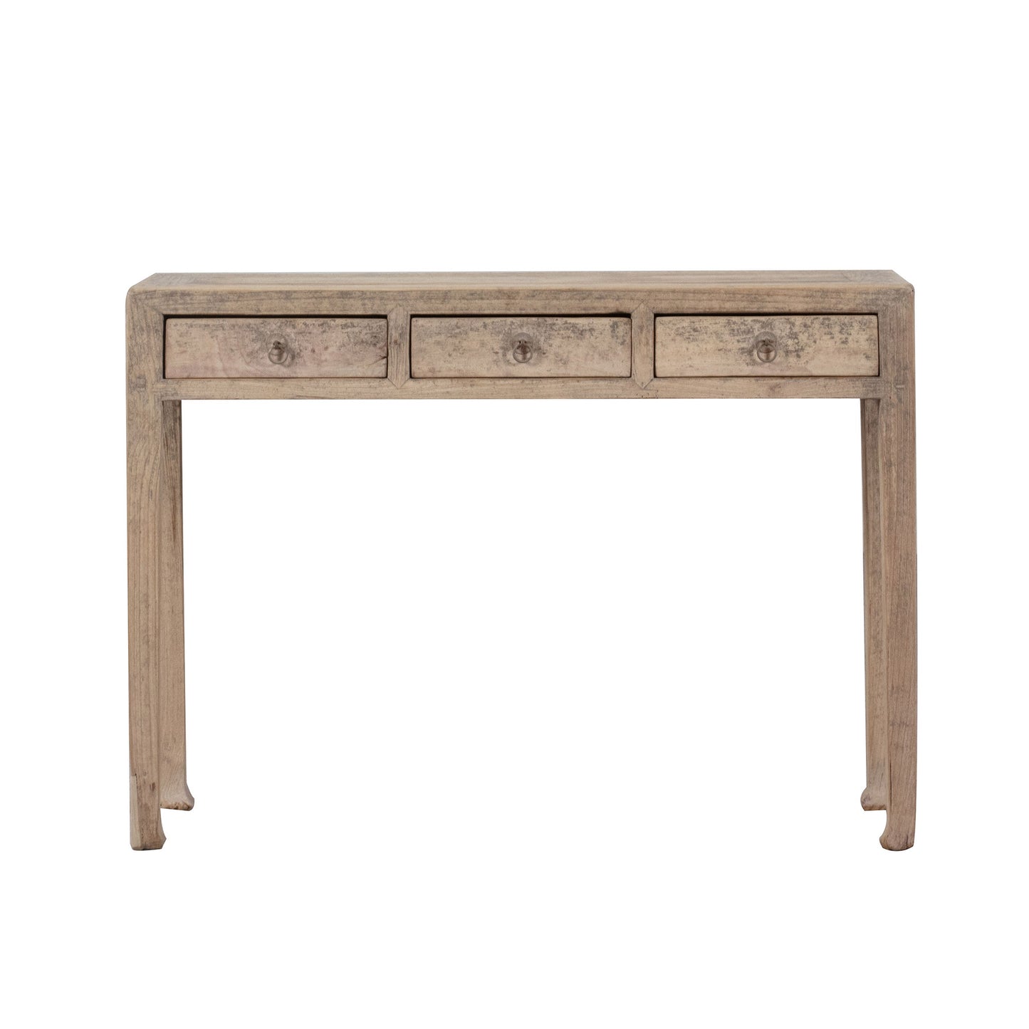 Wooden console table with three drawers on a white background