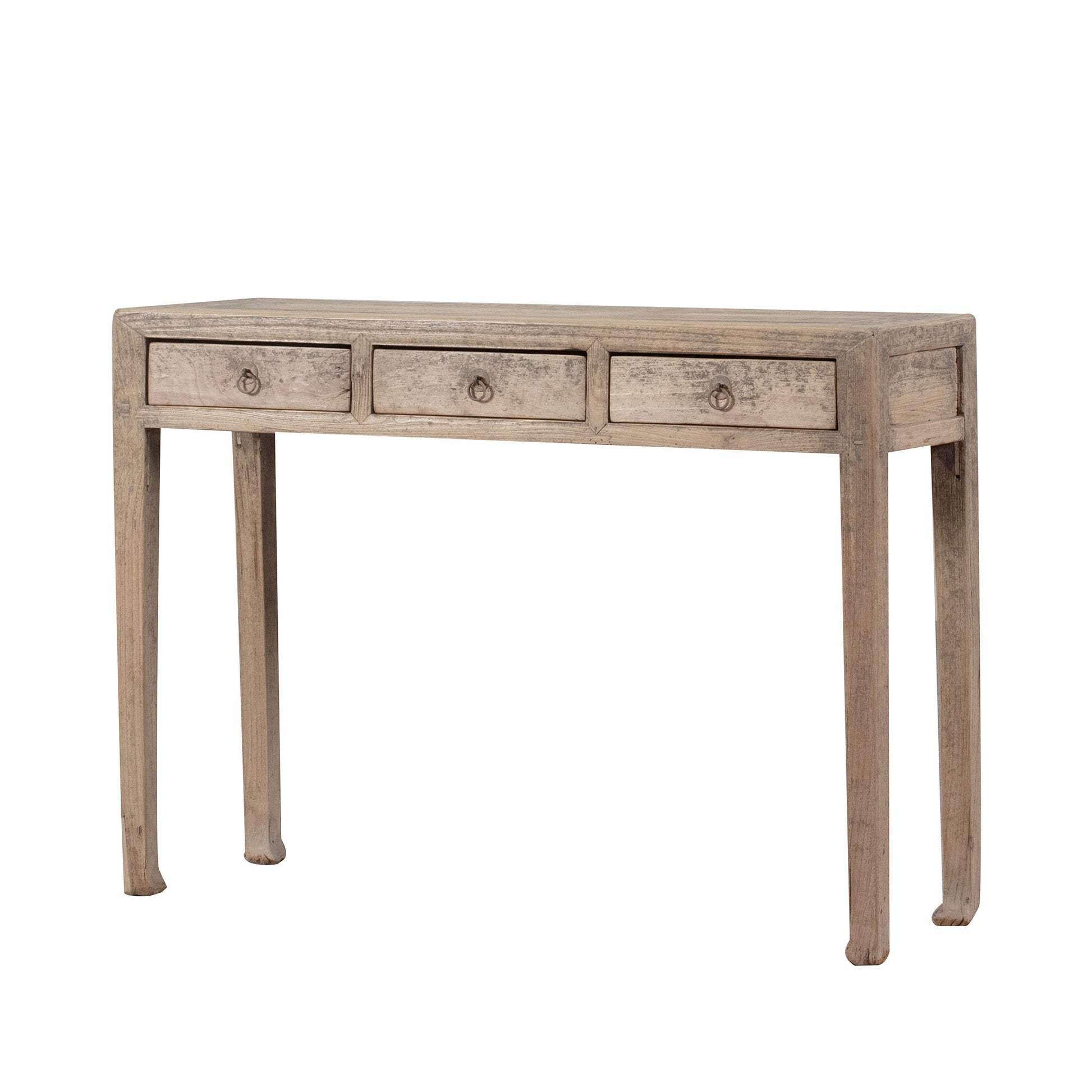 Wooden console table with three drawers on a white background