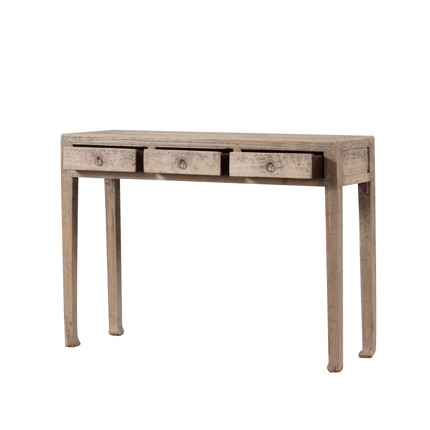 Wooden console table with three drawers on a white background