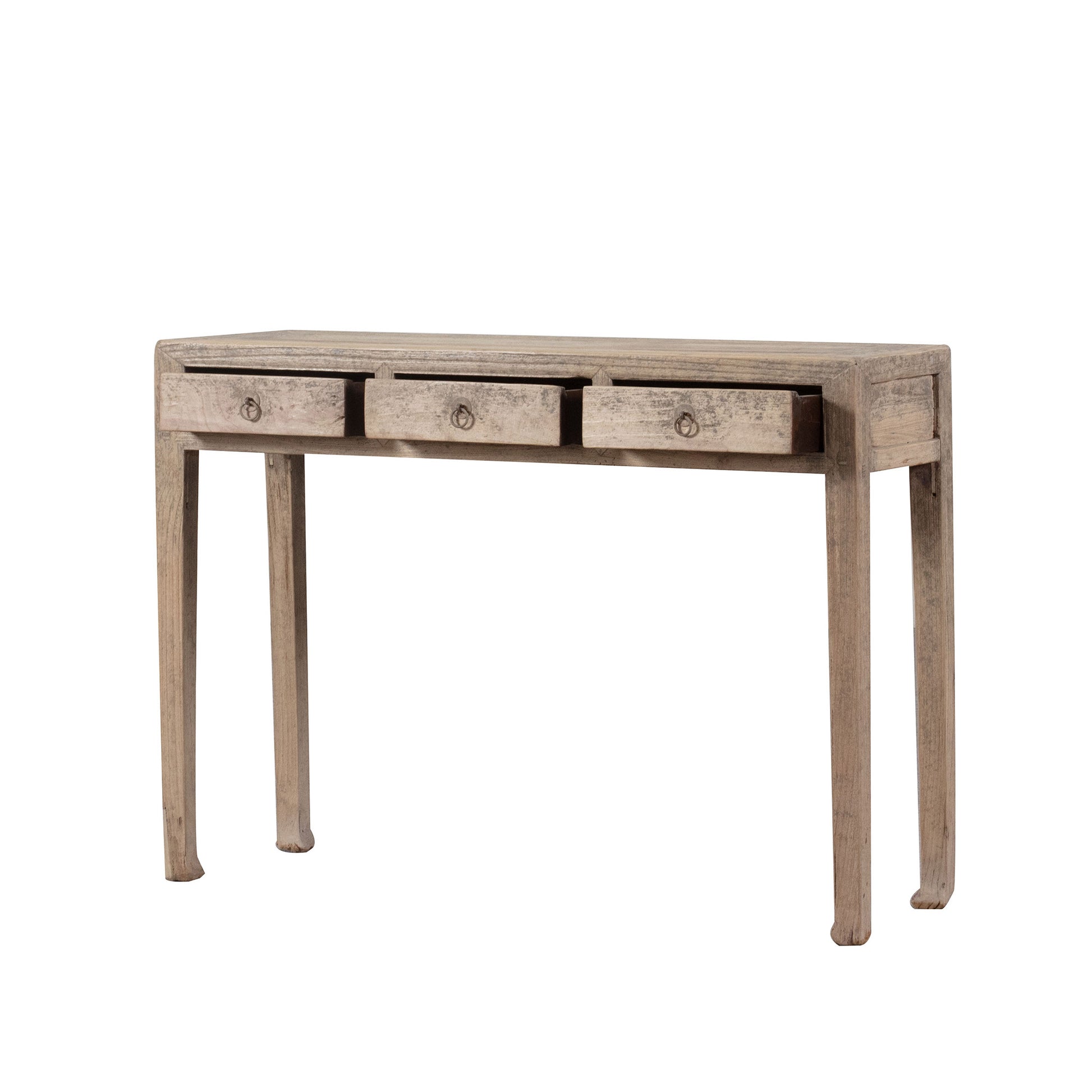 Wooden console table with three drawers on a white background