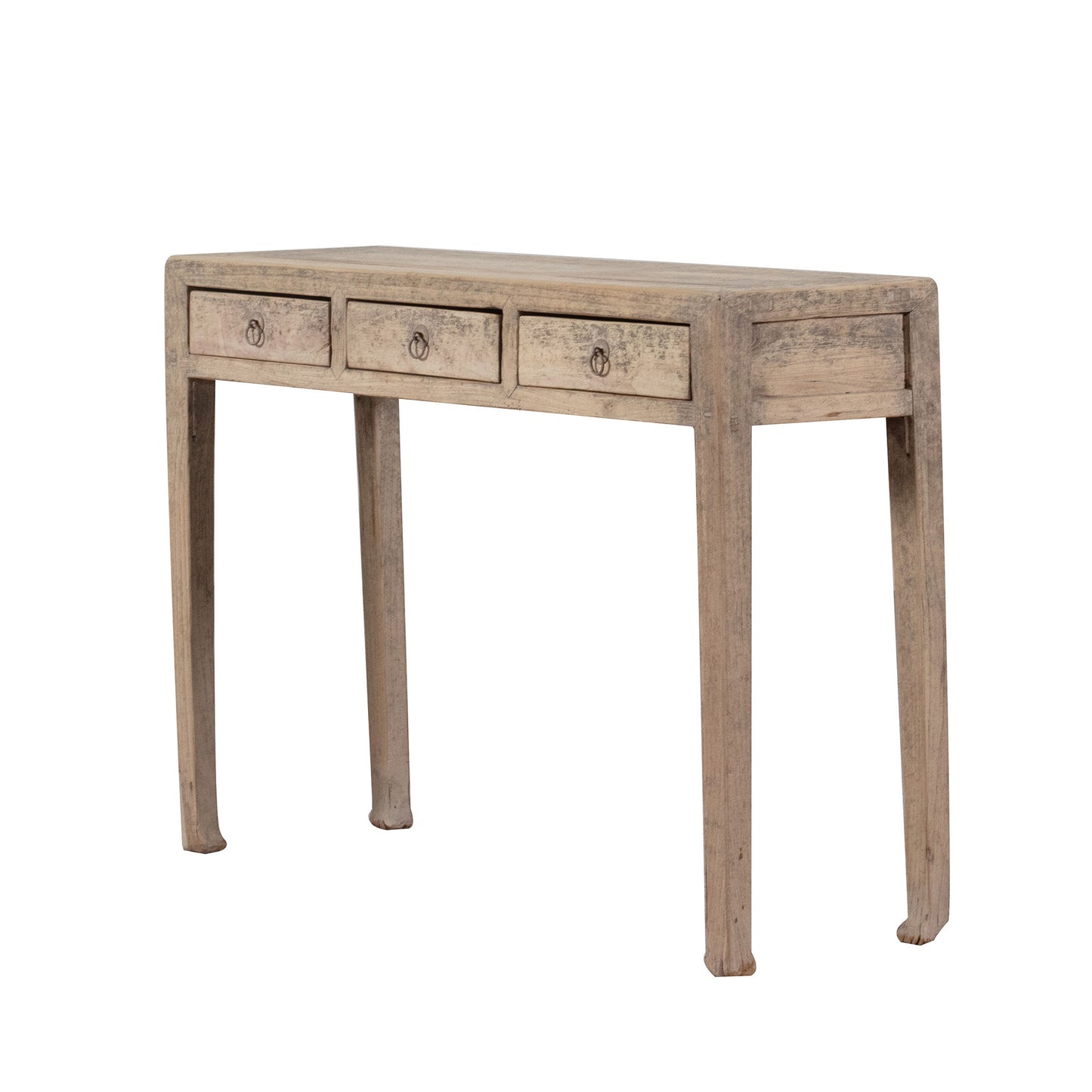 Wooden console table with three drawers on a white background