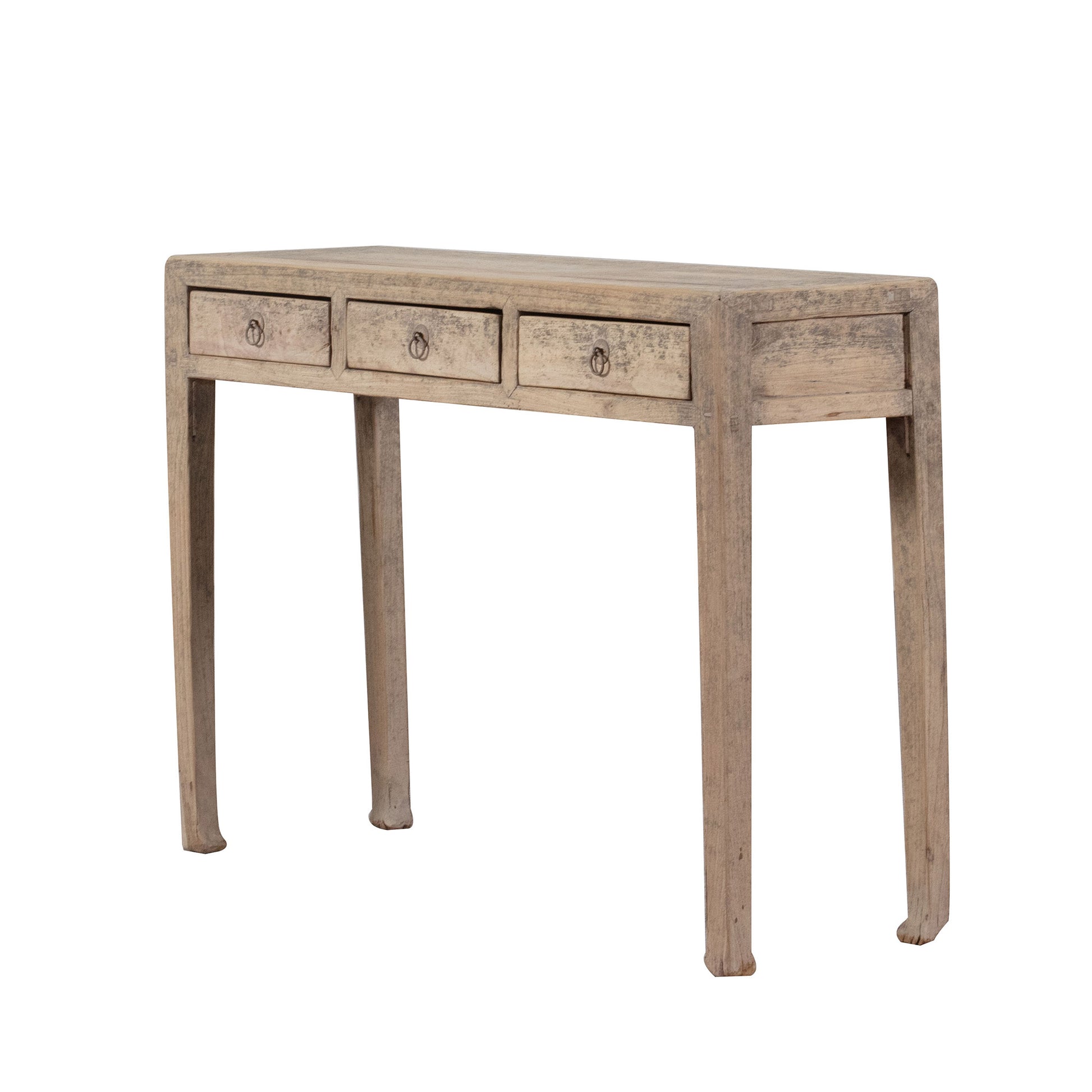 Wooden console table with three drawers on a white background