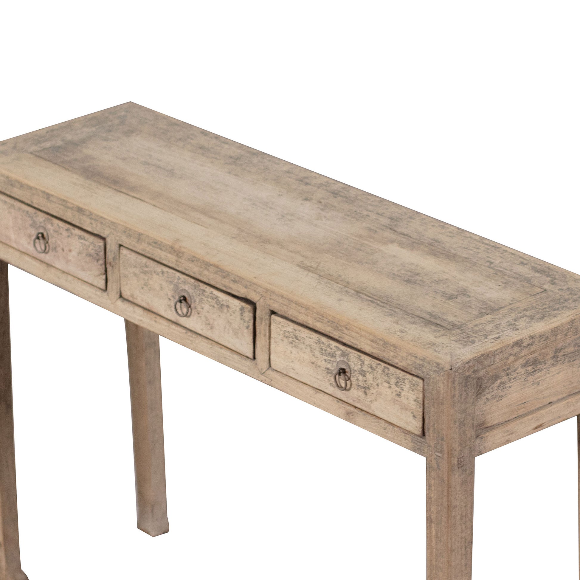 Wooden console table with three drawers on a white background