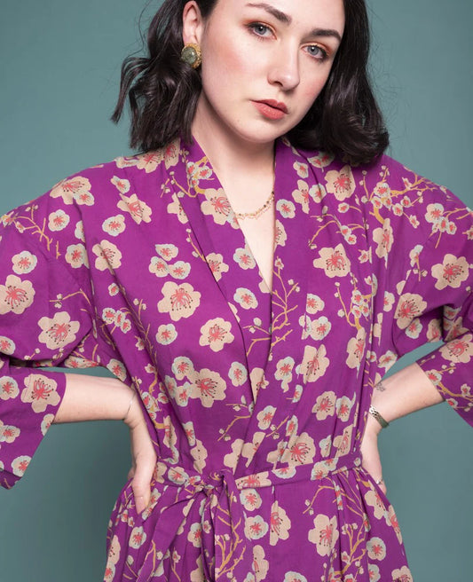 Les Touristes Long Cotton Dressing Gown - Blossom purple