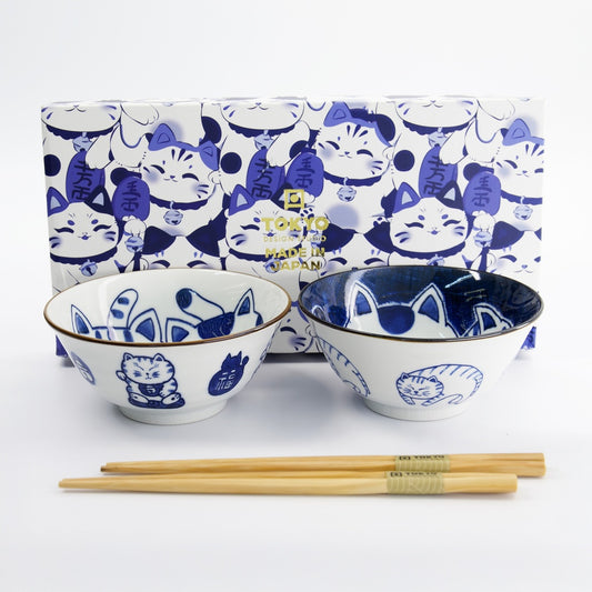 Happy Cat Two Bowl Gift Set with Chopsticks