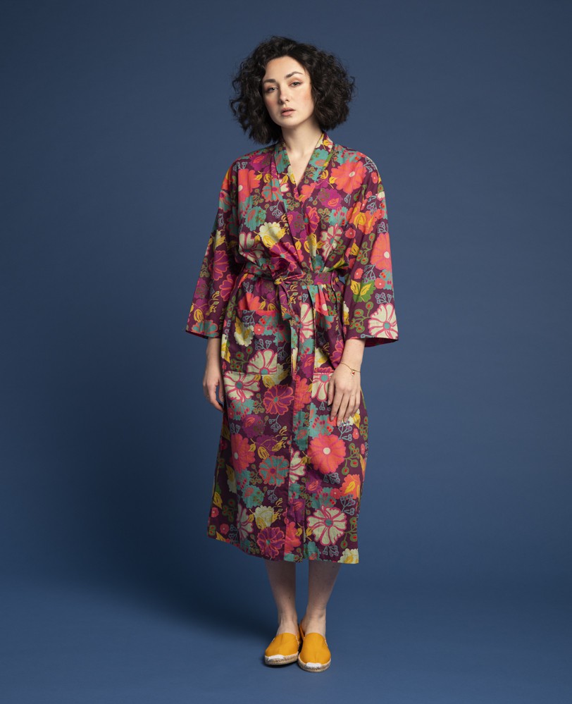 Les Touristes Long Cotton Dressing Gown - Cosmos Fig