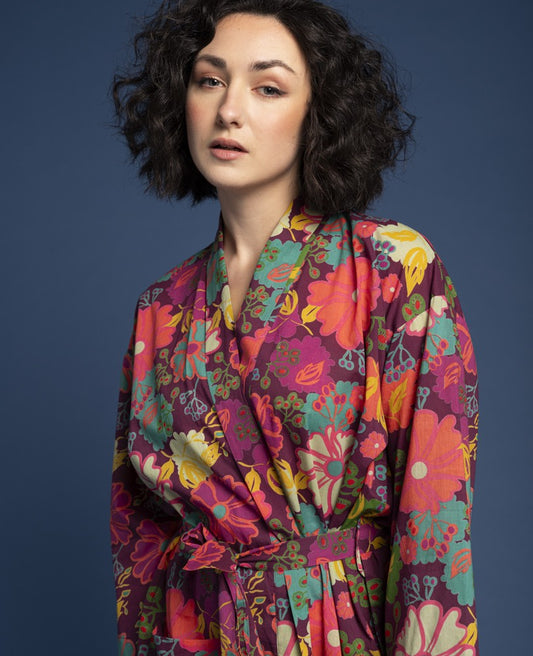 Les Touristes Long Cotton Dressing Gown - Cosmos Fig
