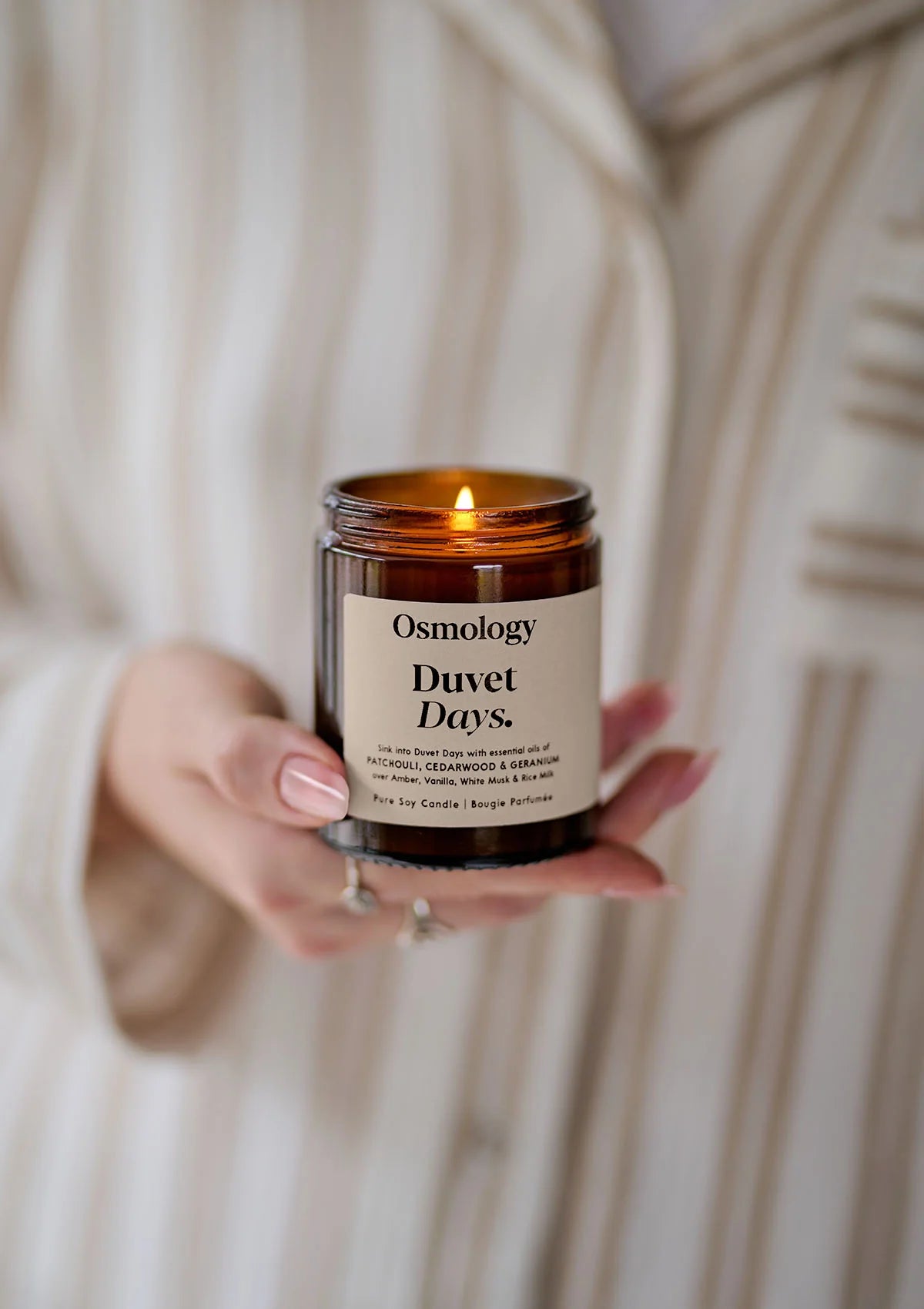 Duvet Days Scented Jar Candle - Rice Milk, Cedarwood, Patchouli, and Geranium.