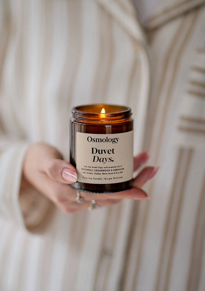 Duvet Days Scented Jar Candle - Rice Milk, Cedarwood, Patchouli, and Geranium.