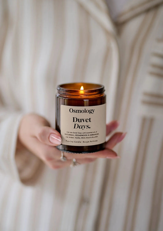 Duvet Days Scented Jar Candle - Rice Milk, Cedarwood, Patchouli, and Geranium.