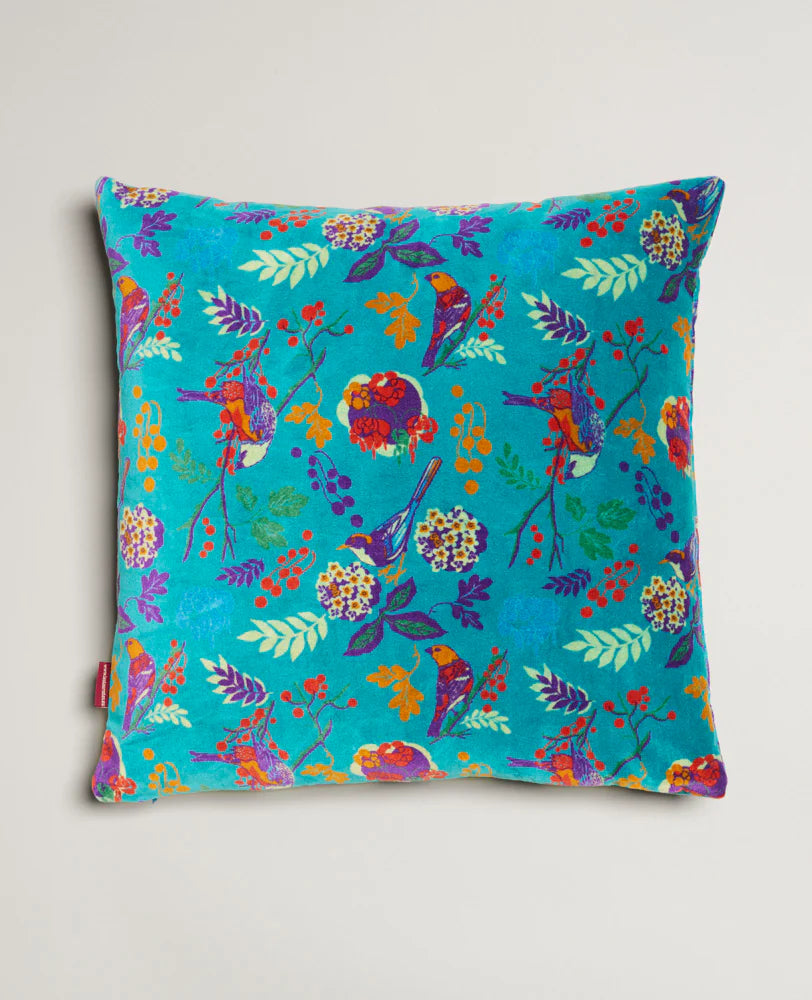 Square Cotton Velvet Cushion- Birdy teal