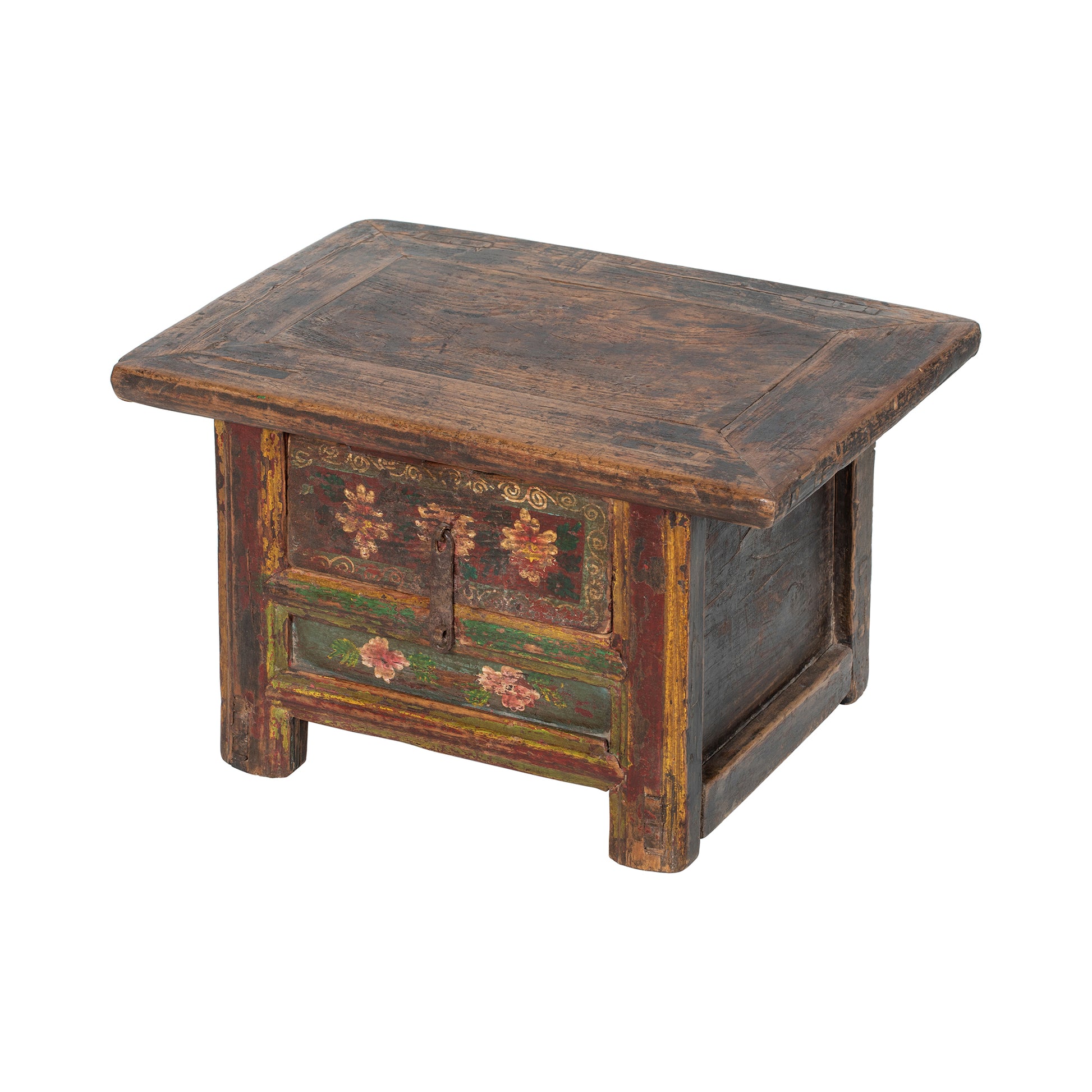 Vintage wooden chest with floral designs on a white background