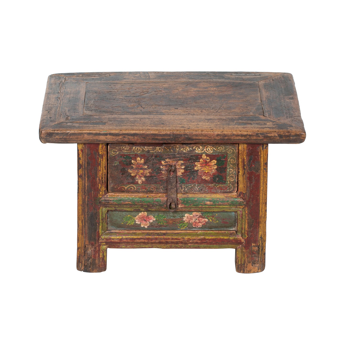 Vintage wooden table with floral carvings on a white background