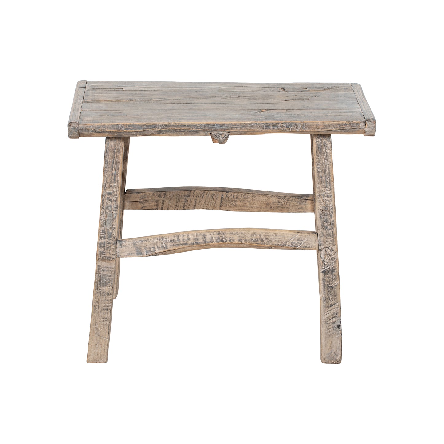 Wooden side table with a rustic finish on a white background