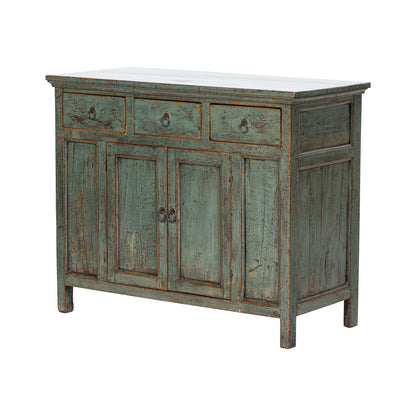 Vintage-style wooden sideboard with distressed green paint on a white background