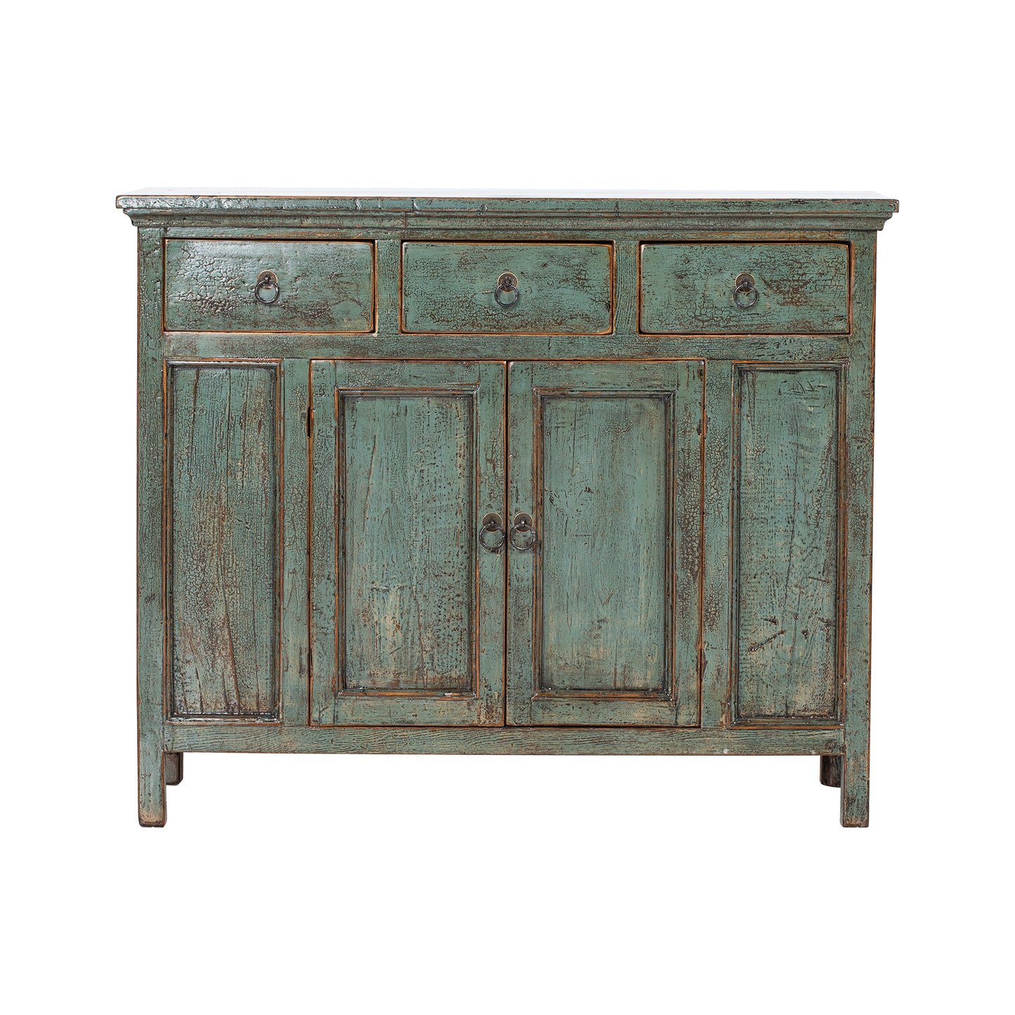 Vintage-style wooden cabinet with a distressed finish on a white background