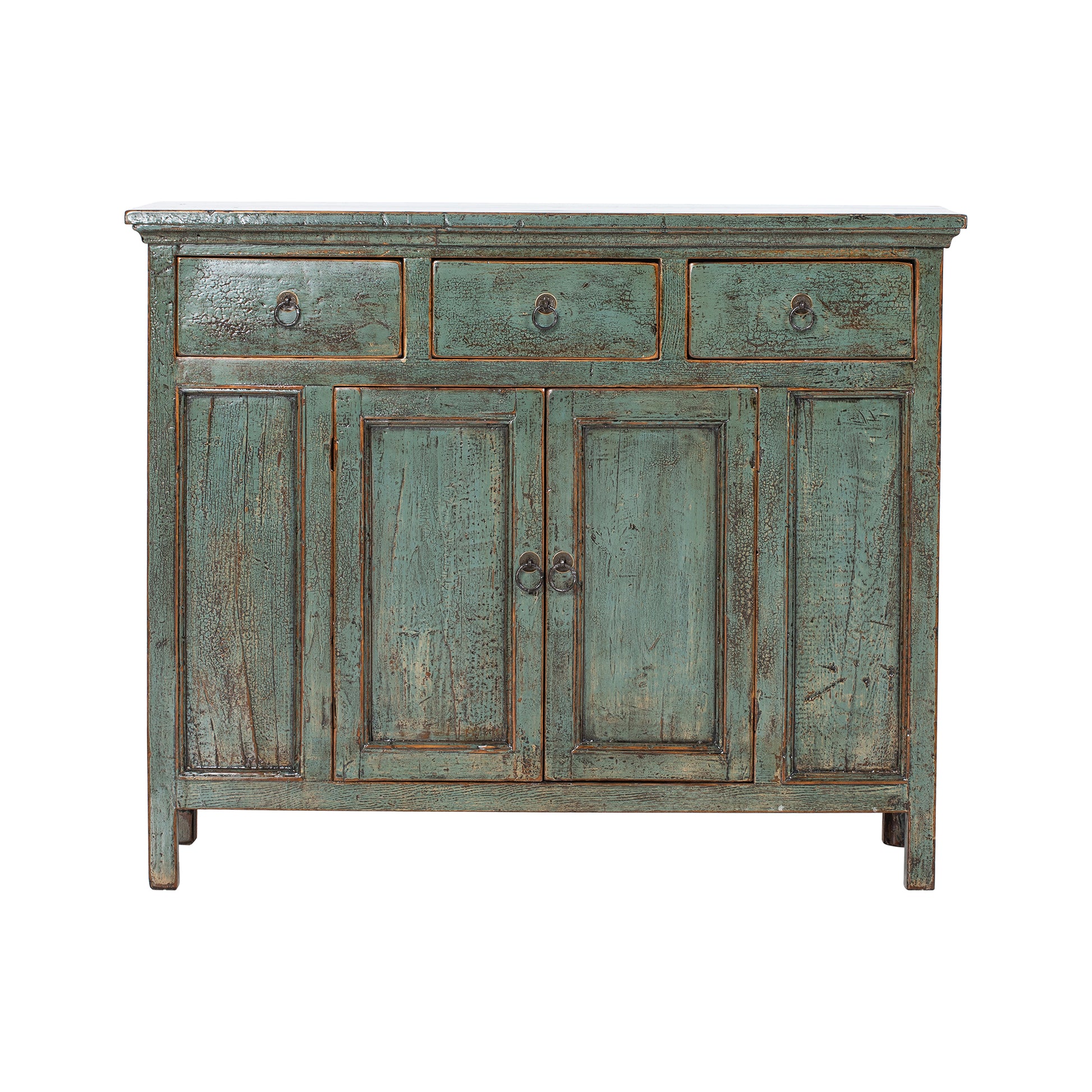 Vintage-style wooden cabinet with a distressed finish on a white background