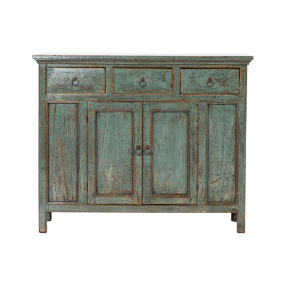 Vintage-style wooden cabinet with a distressed finish on a white background