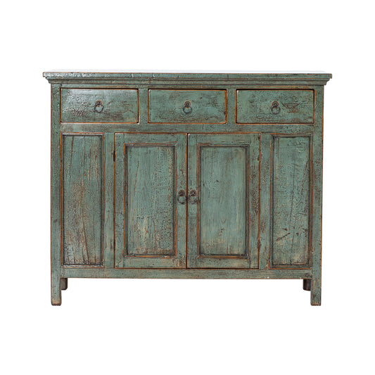 Vintage-style wooden cabinet with a distressed finish on a white background