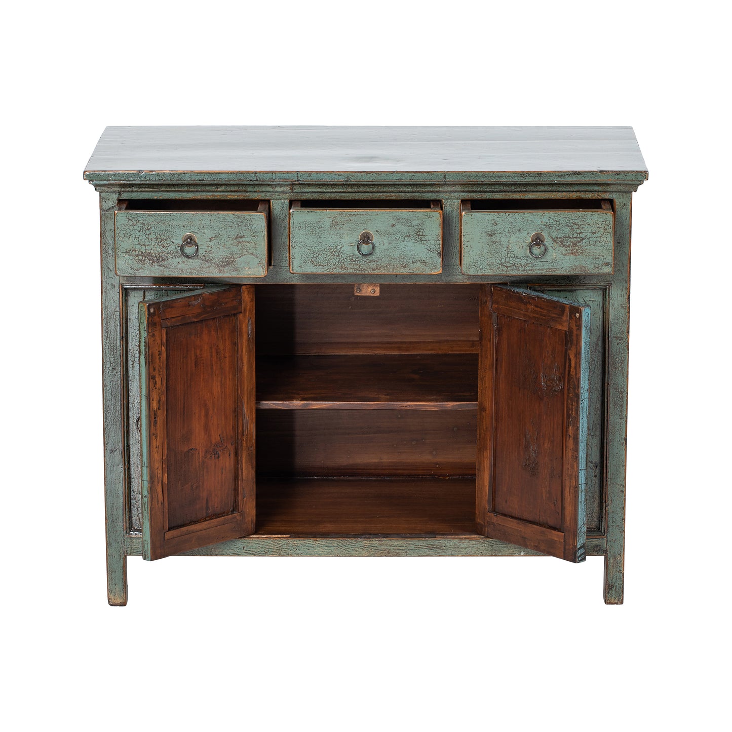 Vintage-style wooden cabinet with open doors on a white background