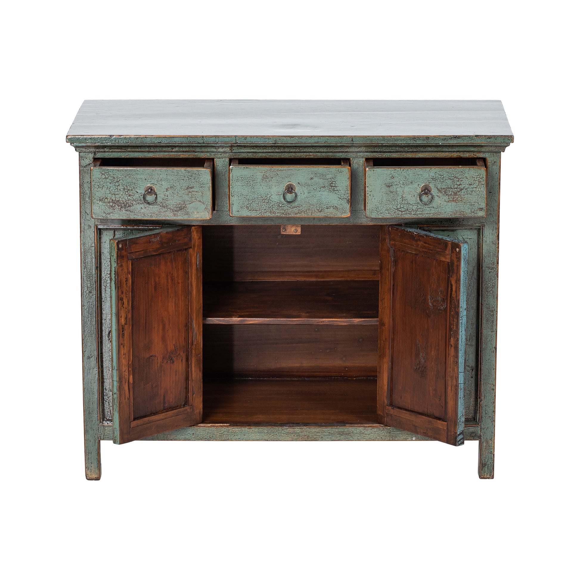 Vintage-style wooden cabinet with open doors on a white background