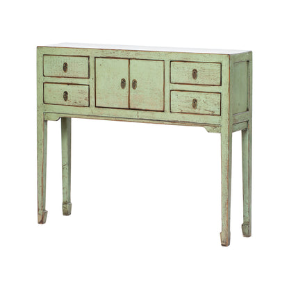 Vintage sideboard with distressed green paint on a white background