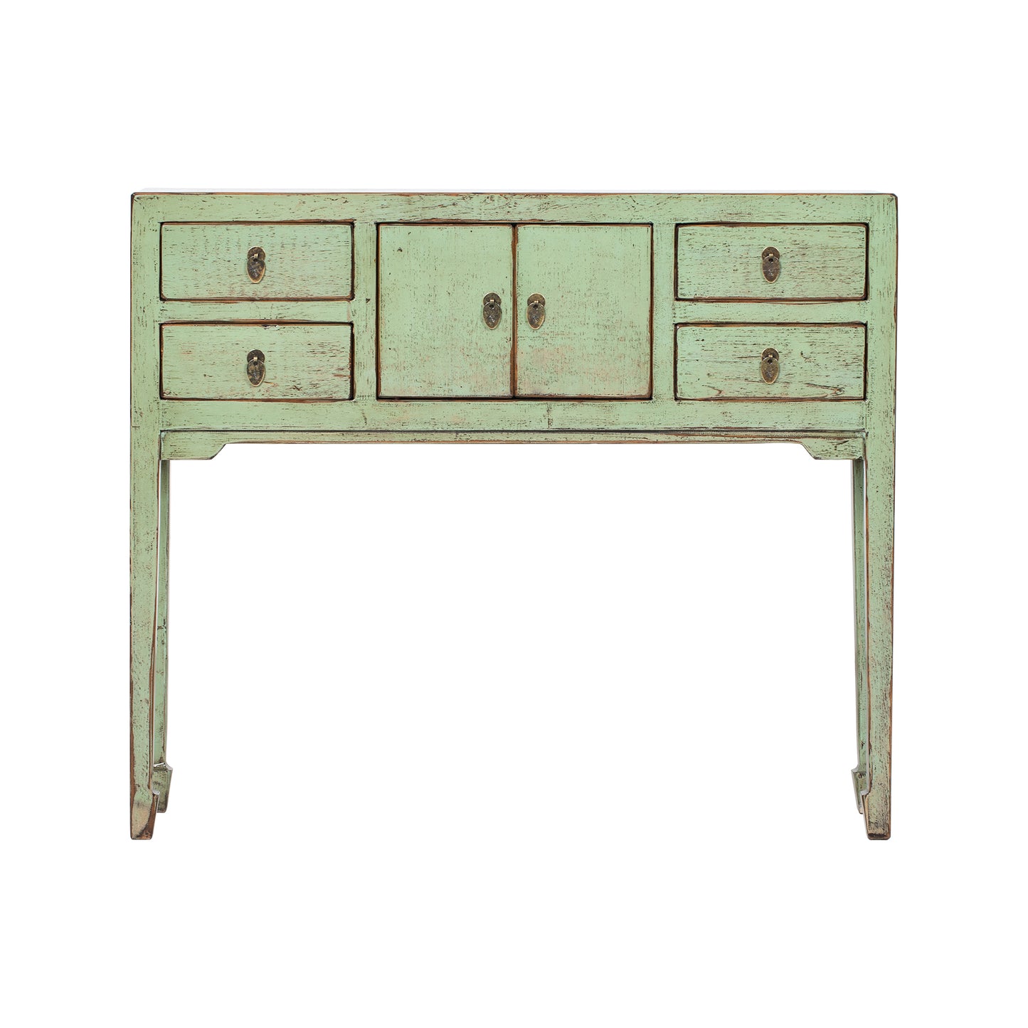 Vintage green console table with multiple drawers and doors on a white background