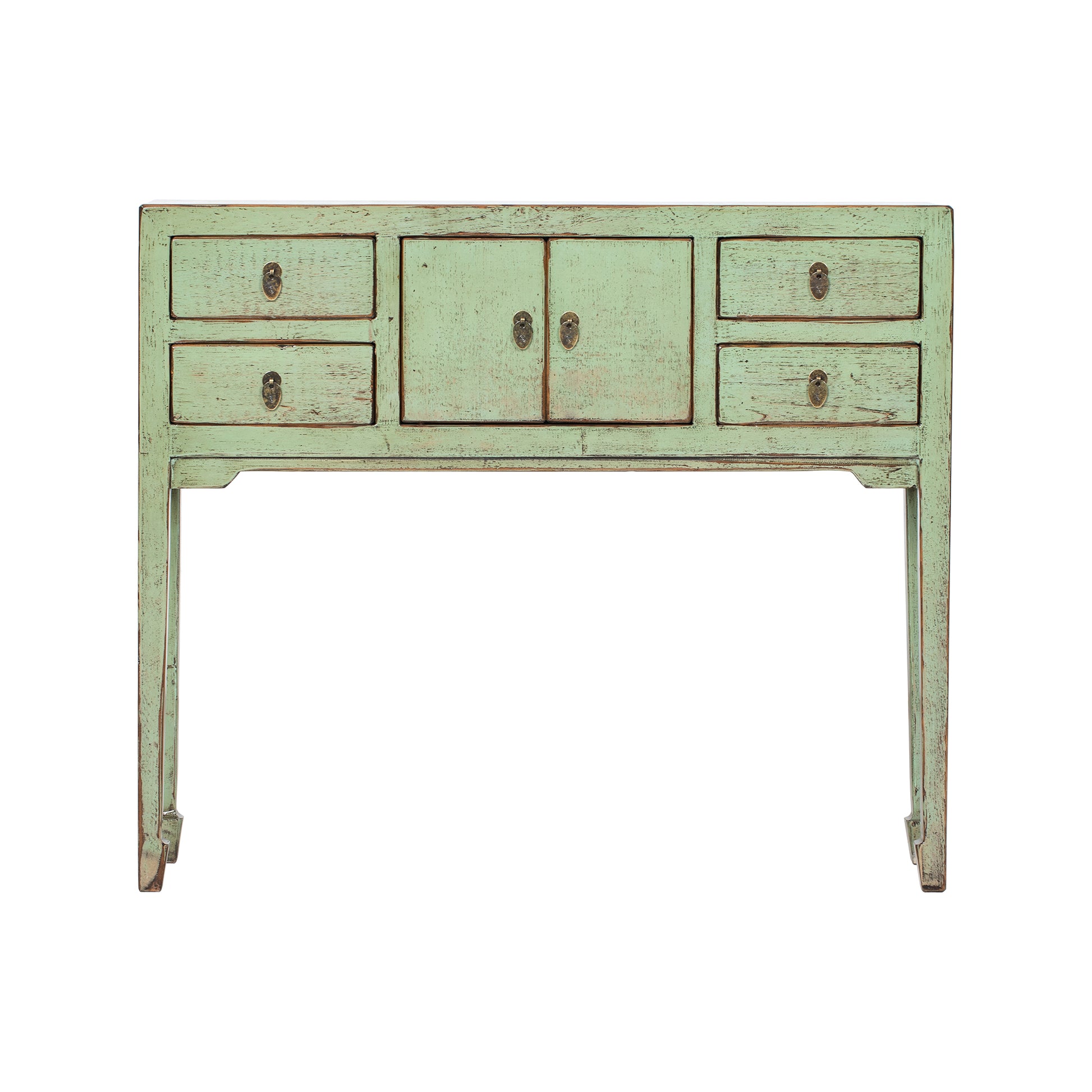 Vintage green console table with multiple drawers and doors on a white background