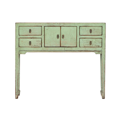 Vintage green console table with multiple drawers and doors on a white background