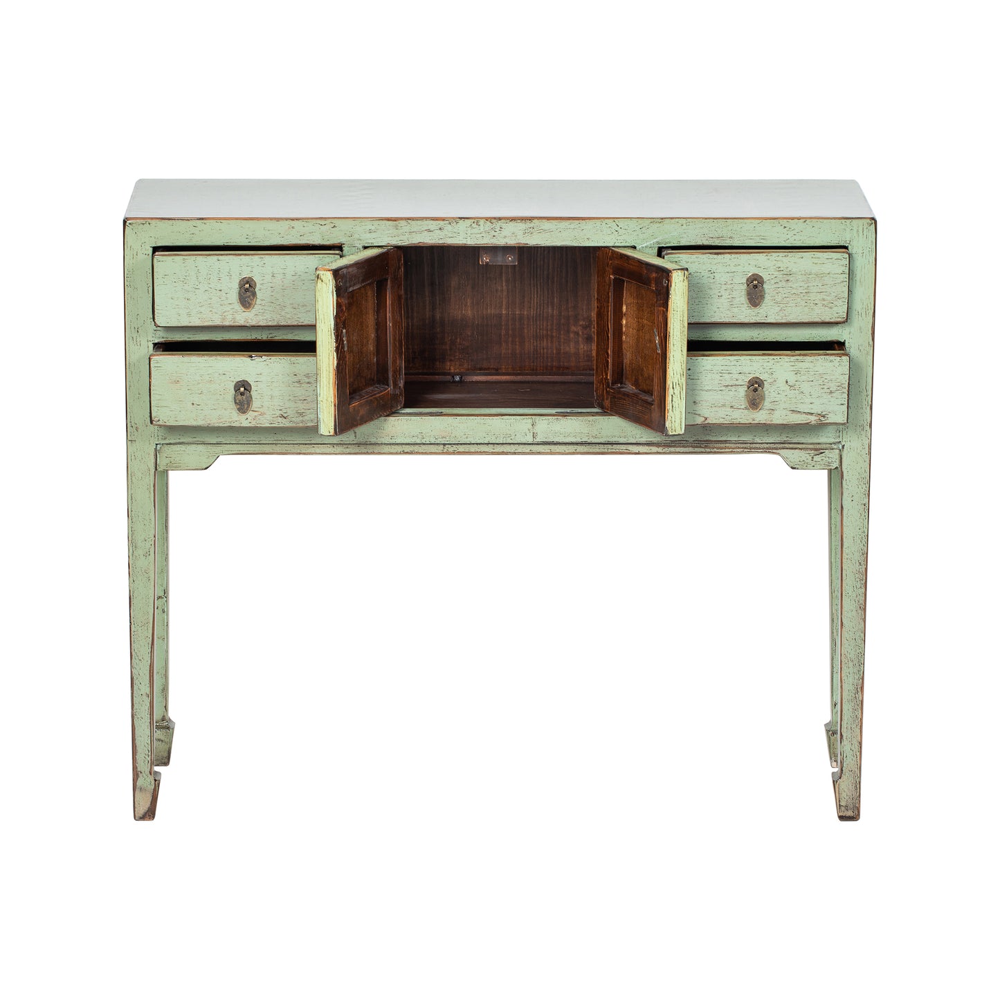 Vintage sideboard with open doors on a white background