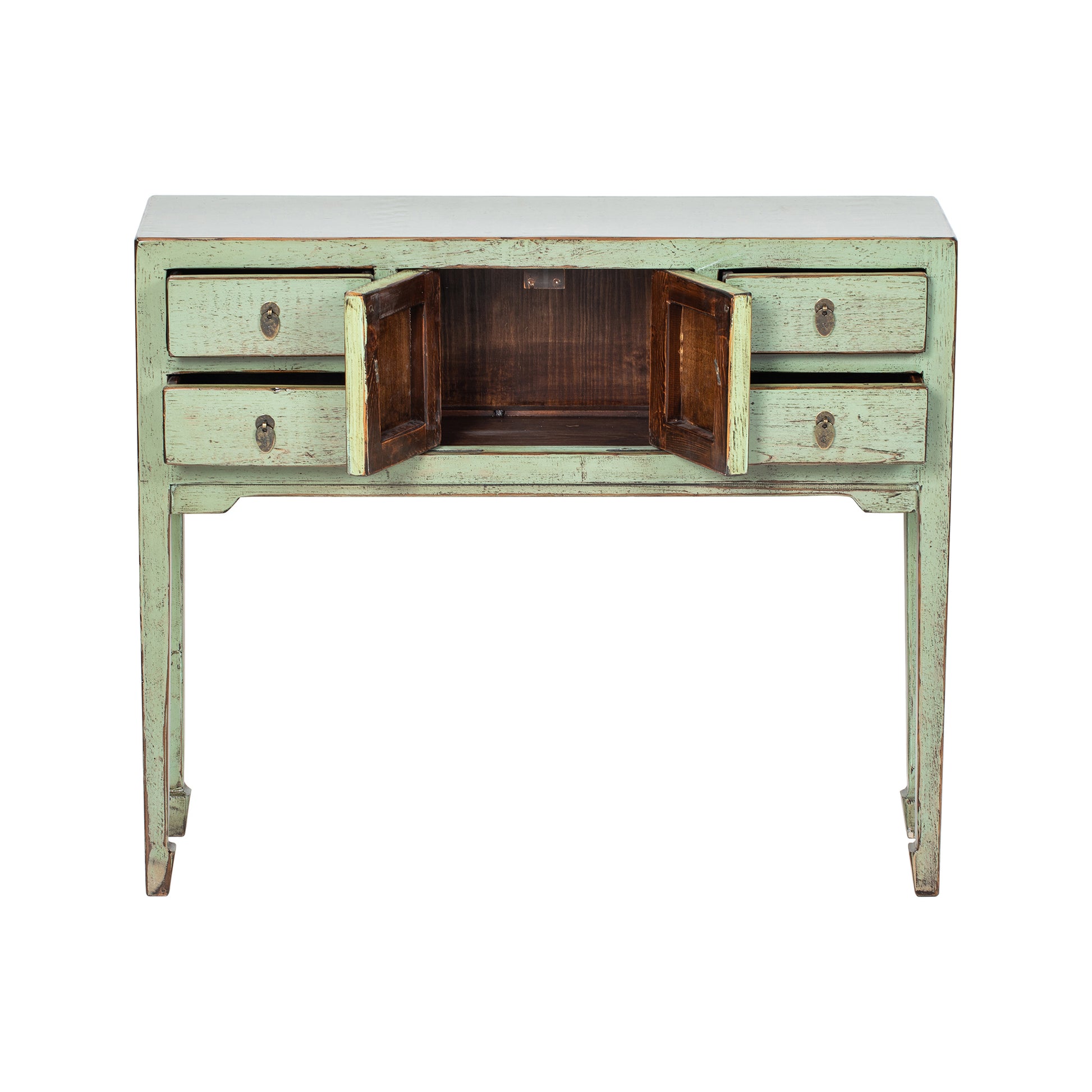 Vintage sideboard with open doors on a white background