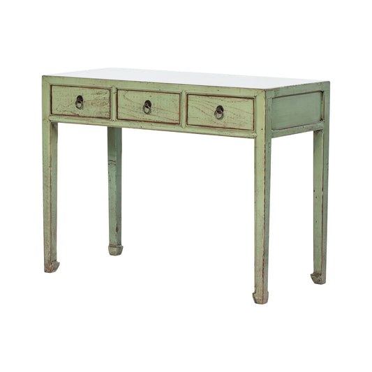 Green wooden console table with three drawers on a white background