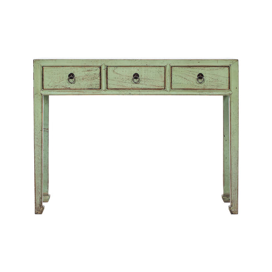 Green console table or desk with three drawers on a white background