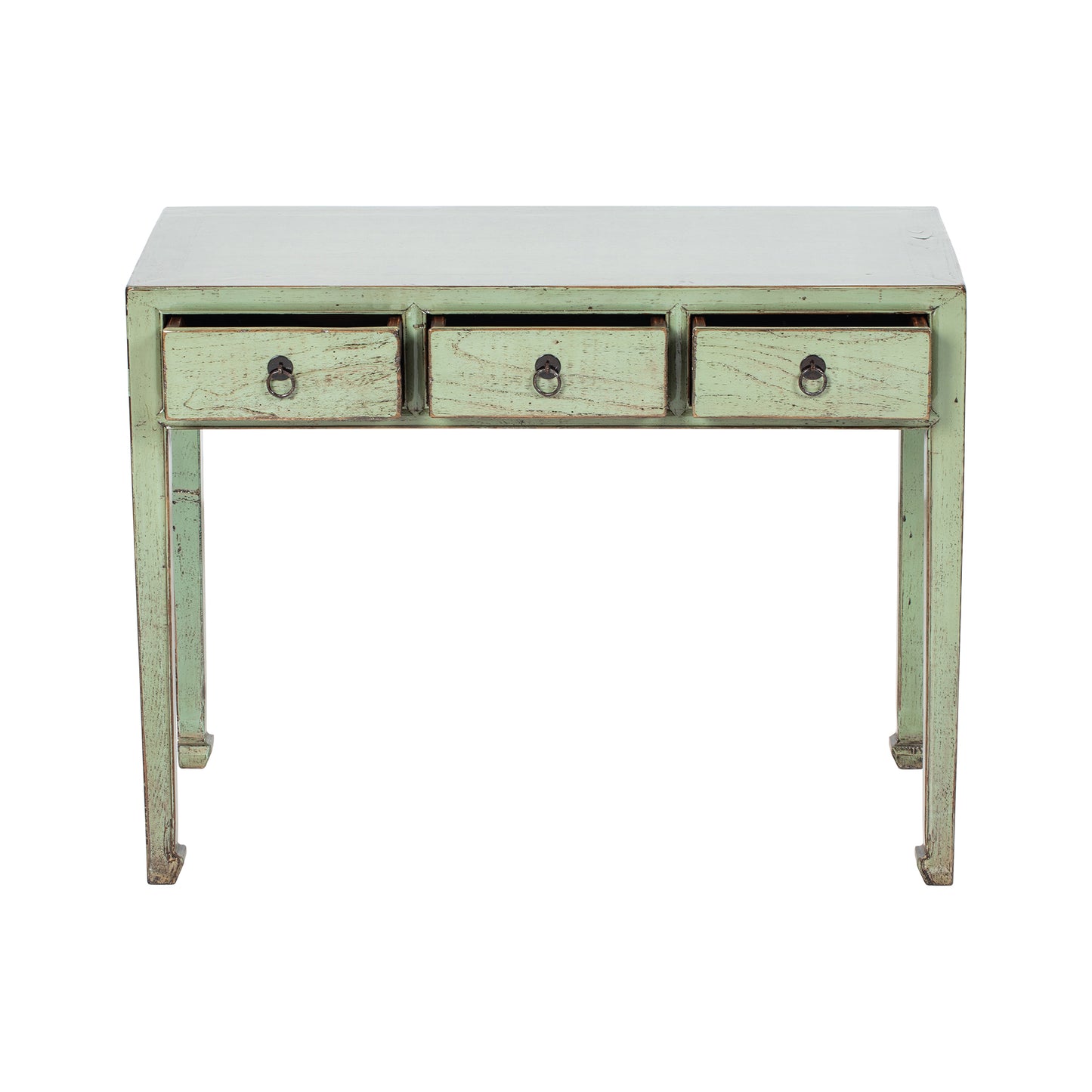 Green wooden desk with three drawers on a white background