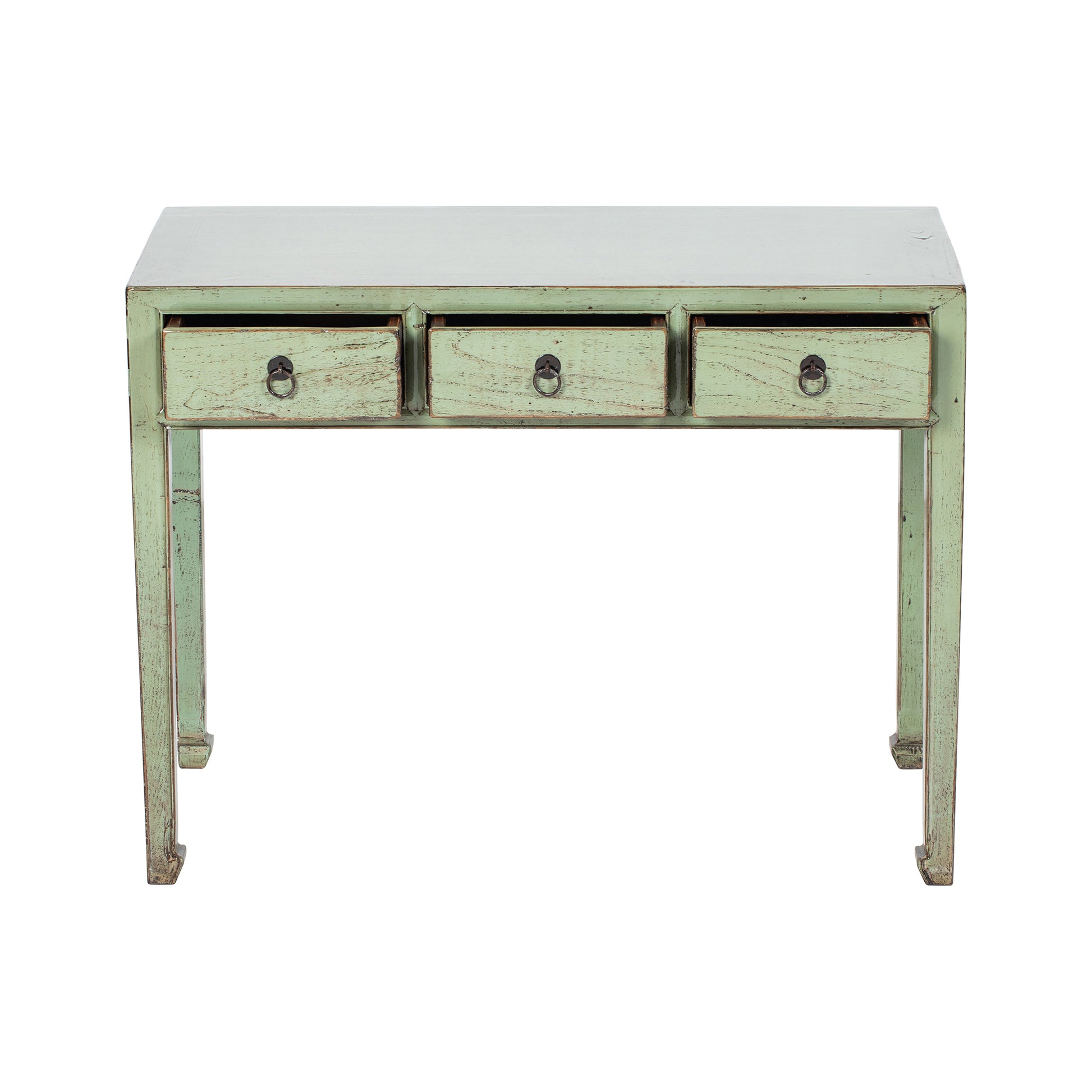 Green wooden desk with three drawers on a white background