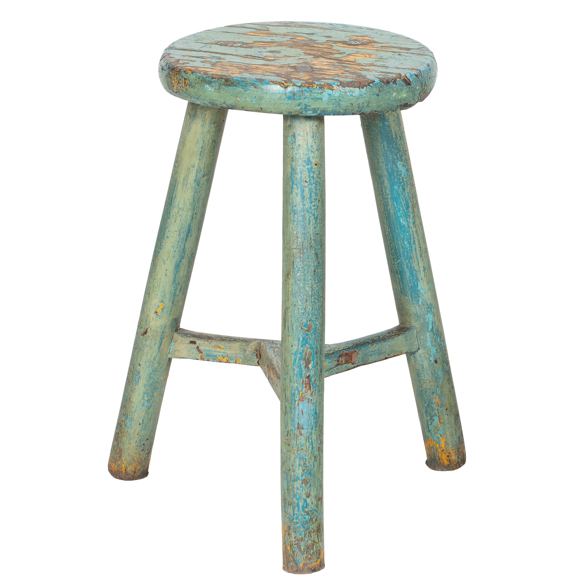 Blue and green Painted Vintage Chinese Elm Stool No.13