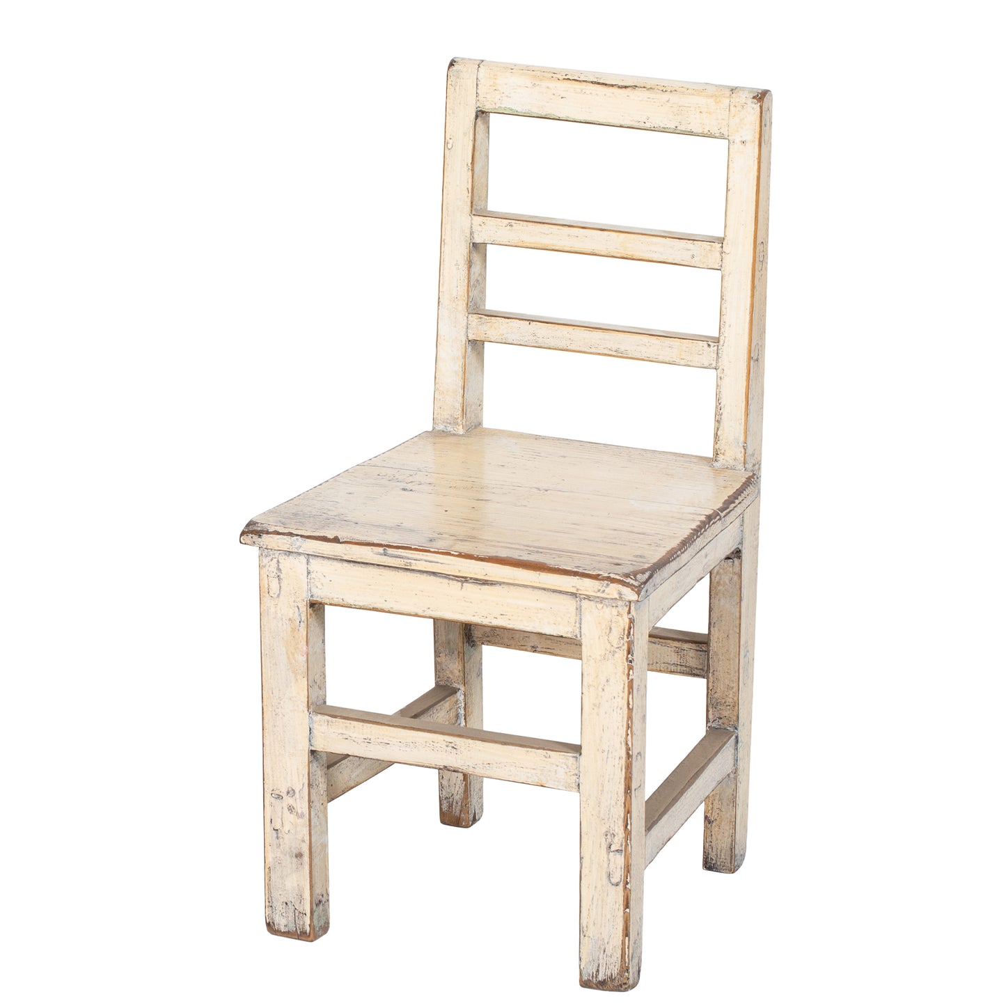 Wooden chair with a white distressed finish on a white background