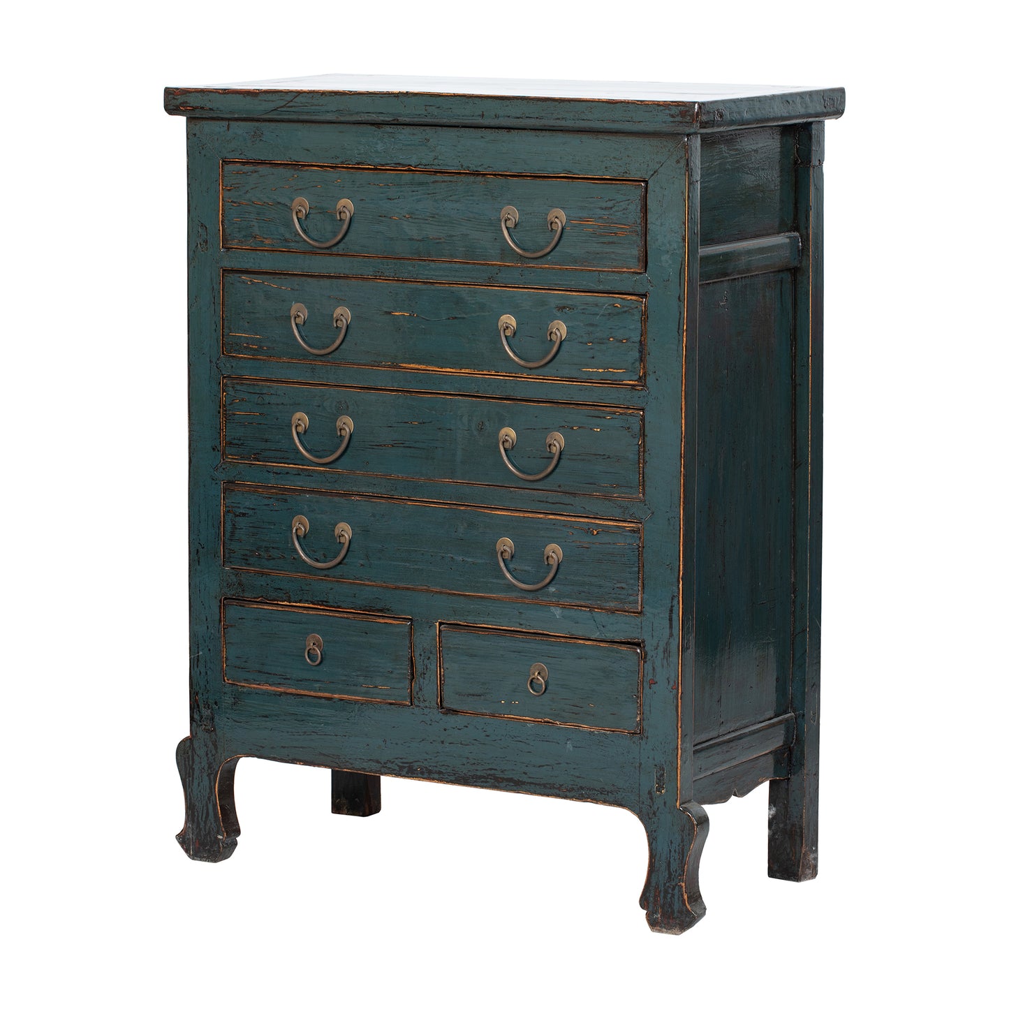 Vintage-style blue dresser with multiple drawers on a white background