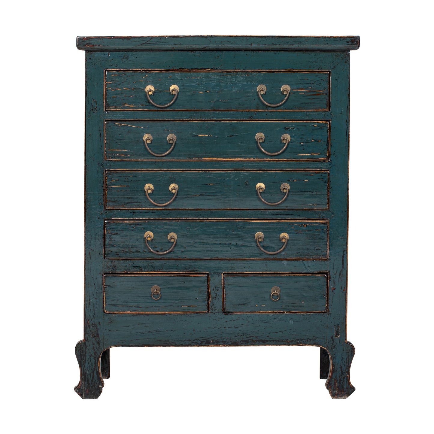 Vintage-style blue dresser with brass handles on a white background