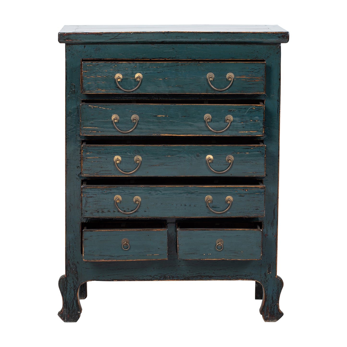Vintage-style blue dresser with brass handles on a white background