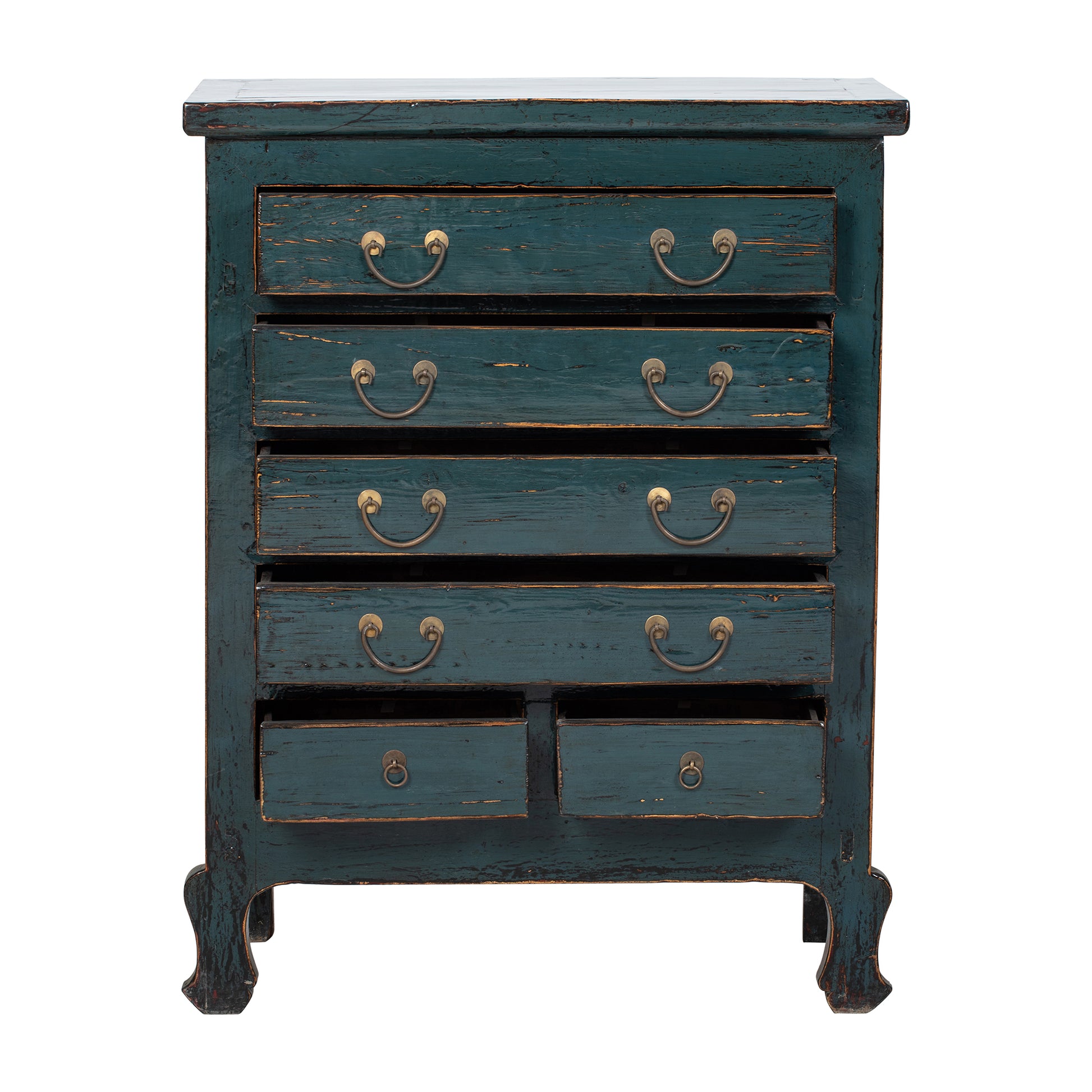 Vintage-style blue dresser with brass handles on a white background