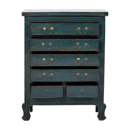 Vintage-style blue dresser with brass handles on a white background