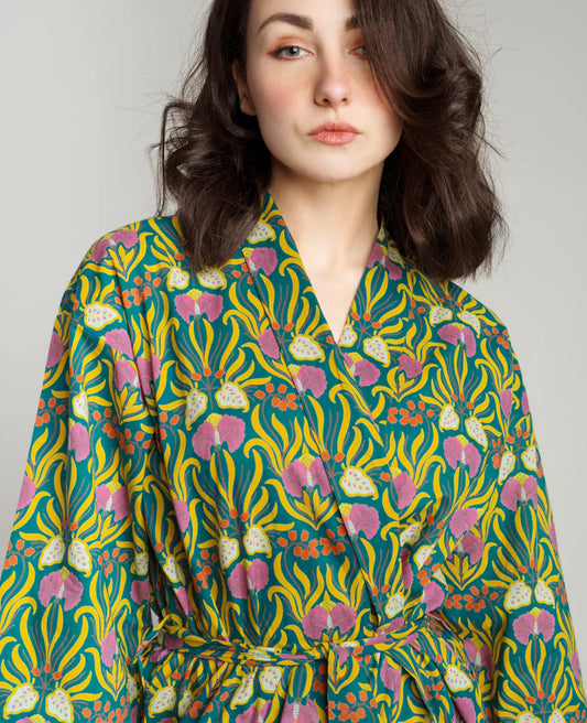 Les Touristes Long Cotton Dressing Gown - Muguet bayou