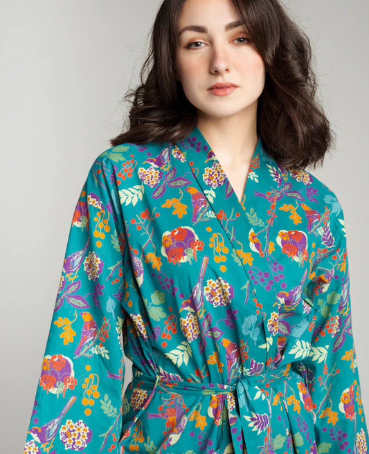 Les Touristes Long Cotton Dressing Gown - Birdy teal