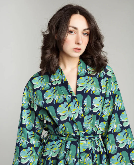 Les Touristes Long Cotton Dressing Gown - Split navy